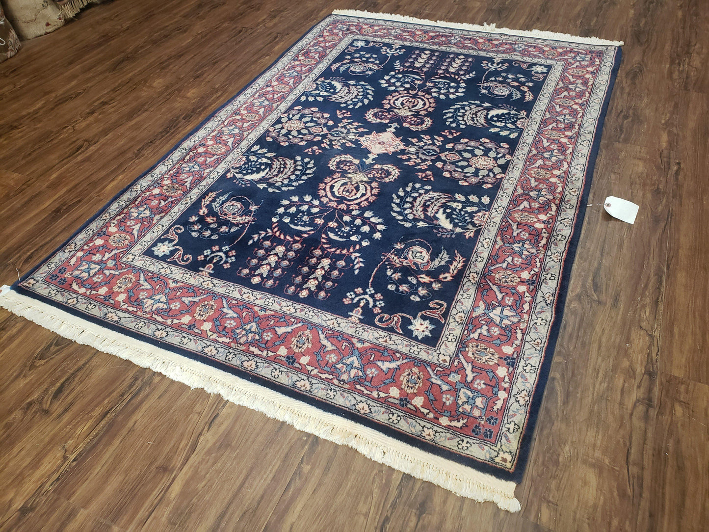Dark Blue Indo Persian Rug 4x6, Medium Size Hand Knotted Oriental Carpet, Traditional Floral Indian Rug, Blue and Red Entryway Rug, Wool Rug-1