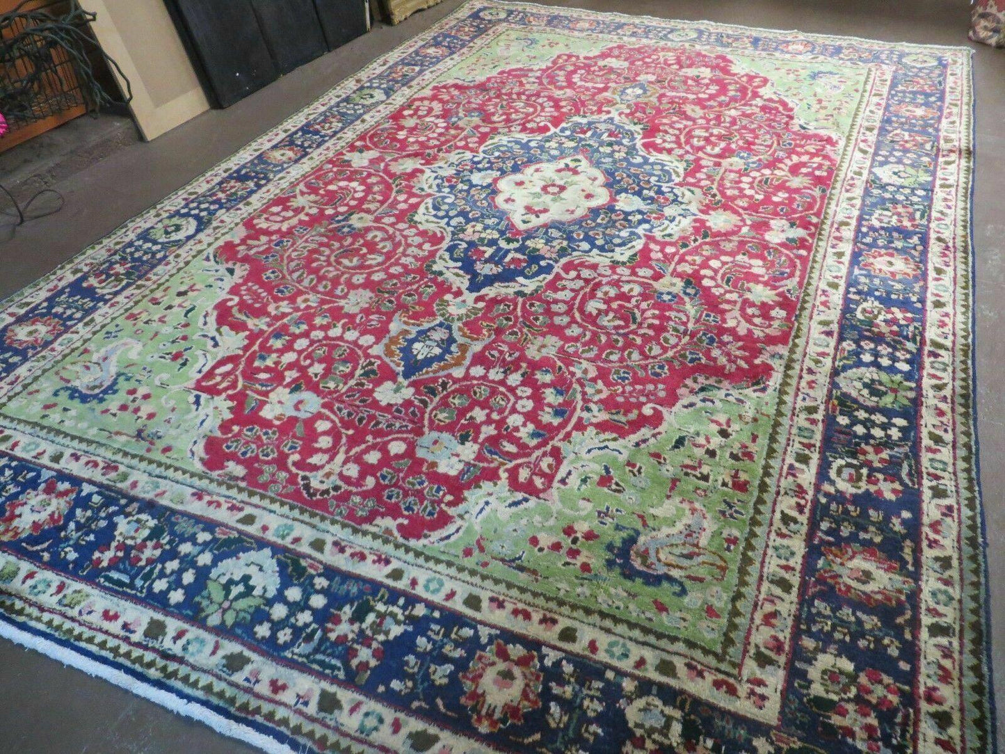 Persian Tabriz Rug 7x10, Red Blue and Green Rug, Allover Floral Medallion Rug, Hand Knotted Rug, Antique Rug 7 x 10 Vintage Wool Oriental Carpet