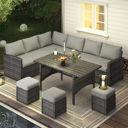 7 Pieces Patio Furniture Set, Outdoor Sectional Sofa Conversation Set, All Weather Wicker Rattan Dining Table & Chair with Ottoman, Grey Rattan&Grey Cushion
