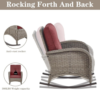 5 Piece Patio Rocking Chairs Furniture Set - Outdoor Wicker Furniture with Ottomans and Side Table, Rattan Conversation Bistro Set for Porch Balcony Backyard