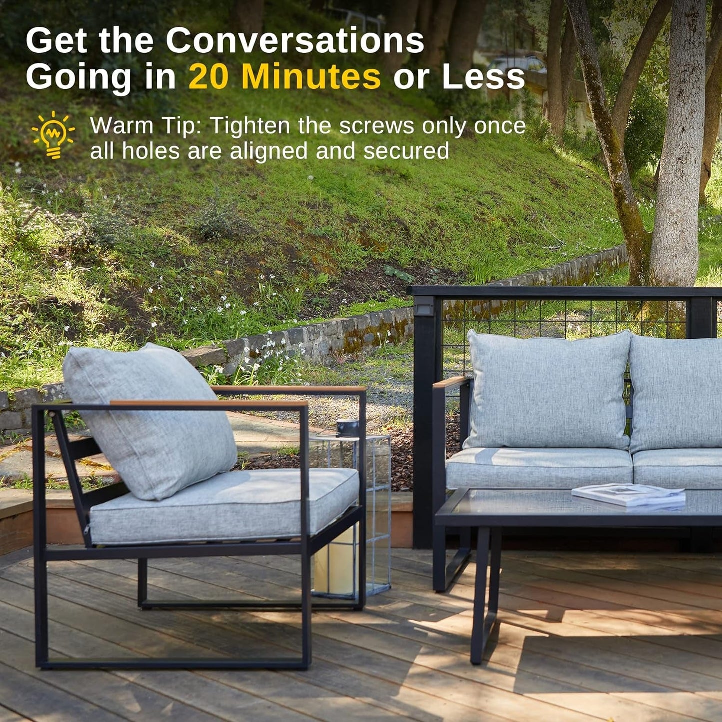 Courtyard Patio Furniture Set, 4-Piece Outdoor Patio Set with Sofa, Removable & Washable Deep Seating Cushion, Tempered Glass Table, outside Patio Conversation Sets, Black & Grey-4