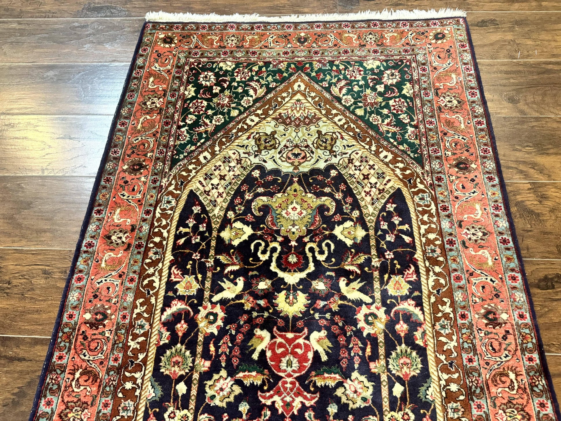 Persian Tabriz Rug 3x4, Navy Blue, Birds, Floral, Prayer Rug, Handmade Wool Rug, Finely Hand Knotted 325 KPSI-1