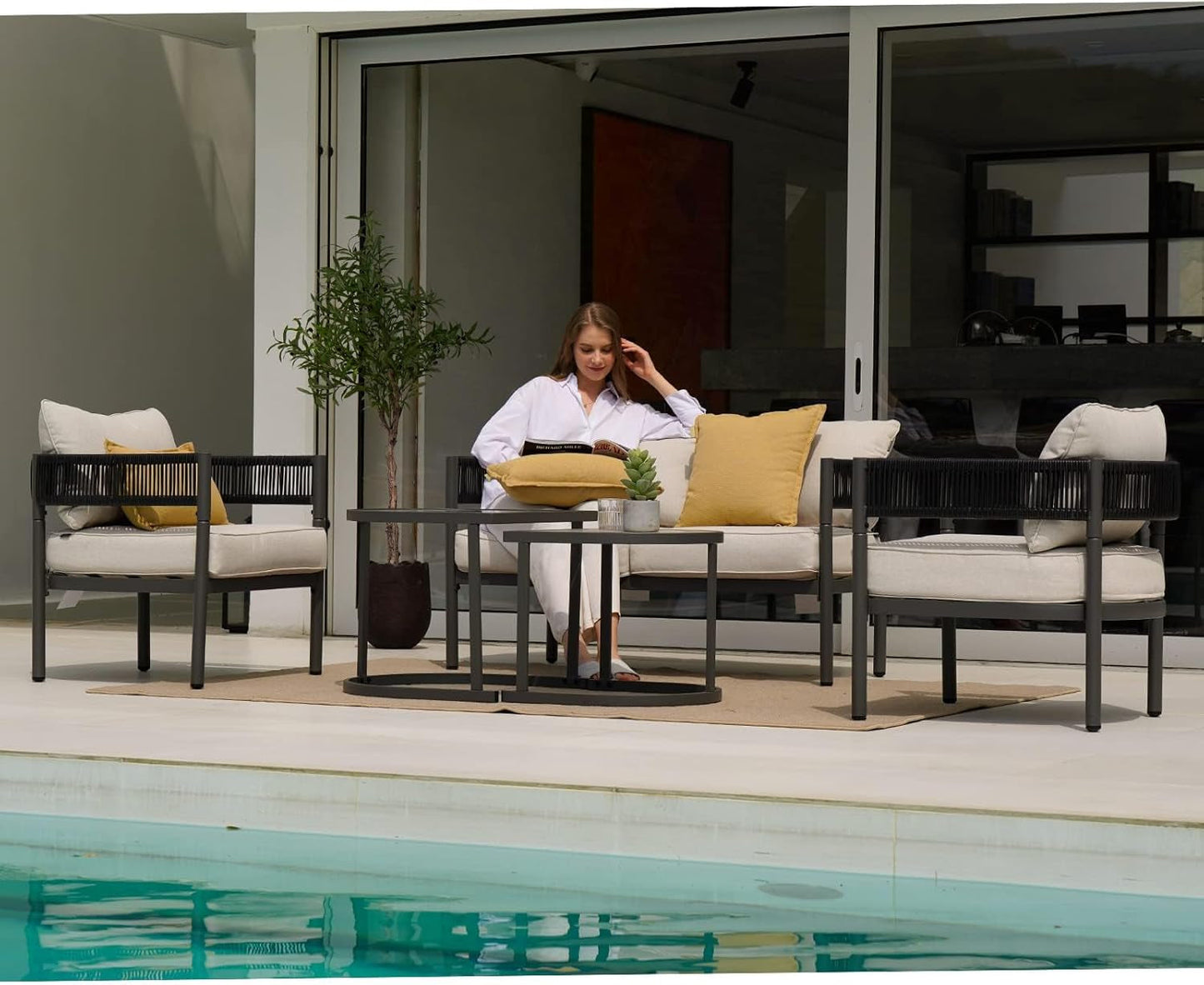 5-Piece Outdoor Furniture Set with Thick Cushions and Coffee Table, Wicker Sofa Conversation Set for Backyard, Beige-1