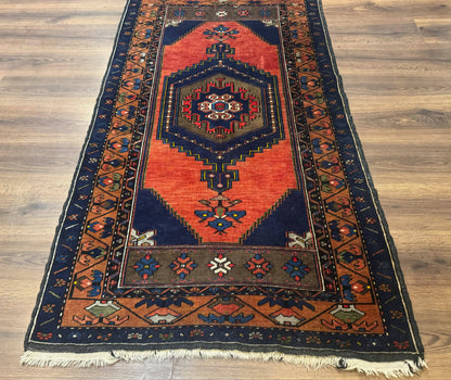 Persian Rug 3x6, Geometric Medallion, Village Tribal Rug, Terracotta and Navy Blue, Antique Nahavand Hamadan Rug-4