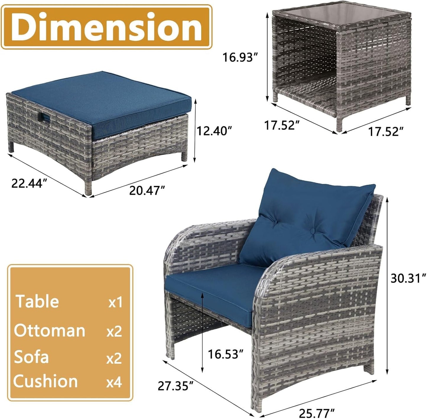 5 Pieces Wicker Outdoor Patio Chairs Set with Ottoman, All Weather PE Rattan Patio Conversation Furniture Set Outdoor Furniture Set with Hidden Ottoman for Poolside Garden Balcony, Blue