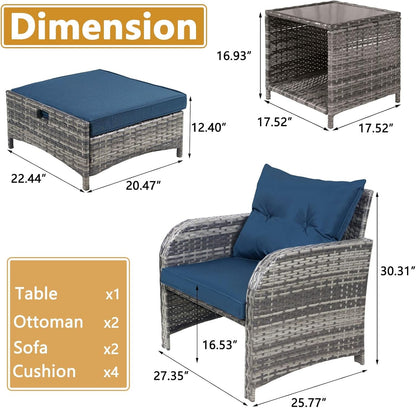 5 Pieces Wicker Outdoor Patio Chairs Set with Ottoman, All Weather PE Rattan Patio Conversation Furniture Set Outdoor Furniture Set with Hidden Ottoman for Poolside Garden Balcony, Blue