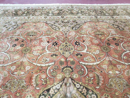 Indo Persian Rug 8x10, Vintage Indian Rug 8 x 10, Fine Hand-Knotted Wool Rug, Rose Clay Red Beige Brown Handmade Area Rug, Floral Medallion-3