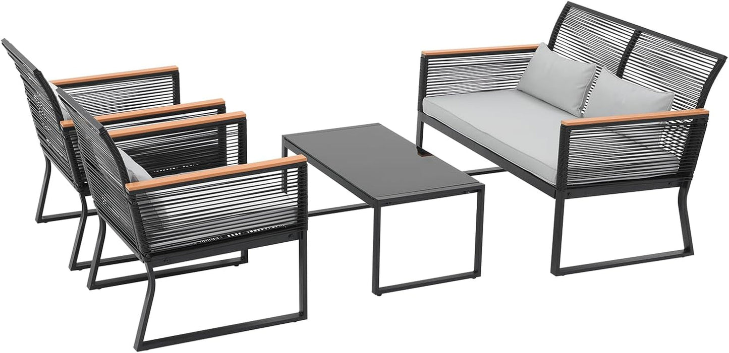 4 Piece Patio Furniture Set, Outdoor Wicker Bistro Set, All-Weather Black PE Rattan Conversation Set W/Coffee Table, Loveseat, Wood-Like Armrest, Cushions for Garden Balcony Deck, Light Grey-1