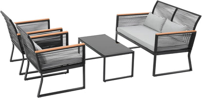 4 Piece Patio Furniture Set, Outdoor Wicker Bistro Set, All-Weather Black PE Rattan Conversation Set W/Coffee Table, Loveseat, Wood-Like Armrest, Cushions for Garden Balcony Deck, Light Grey-1