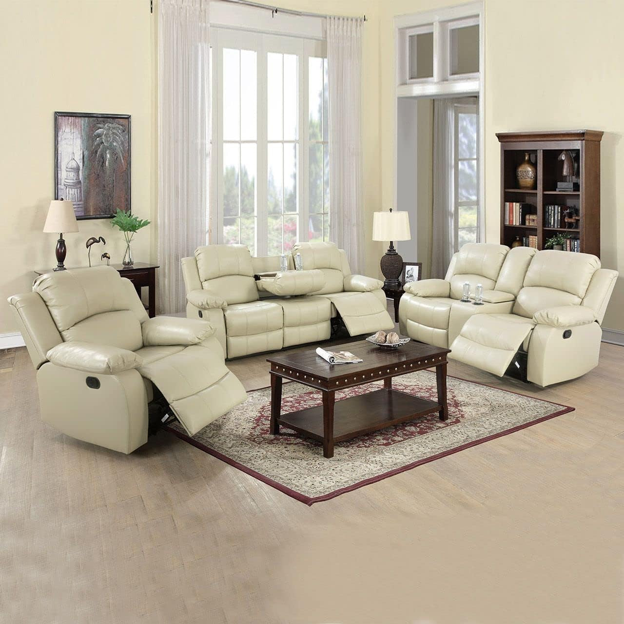 Leather Recliner Sofa Set，Leather Reclining Sofa Set for Living Room Furniture Sets，Beige Recliner Couch Set for Living Room/Office/Theater Seating(Sofa Set 3 Pieces)