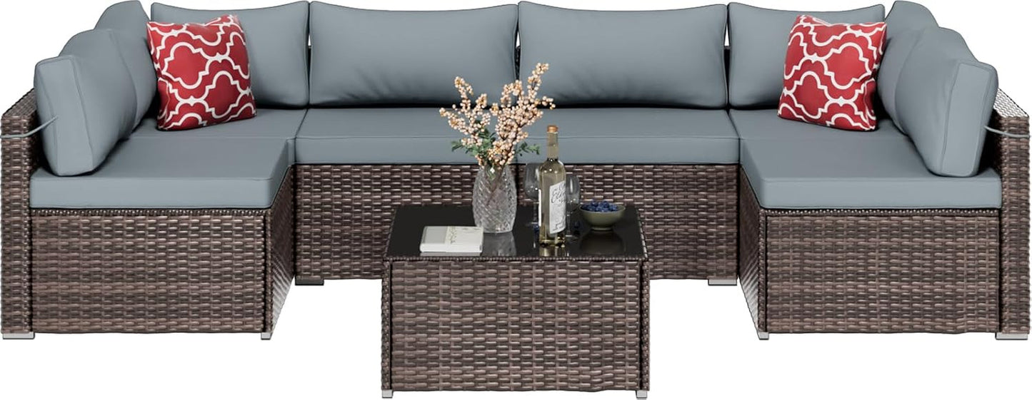 Brown PE Rattan 7-Piece Patio Furniture Sofa Set-0