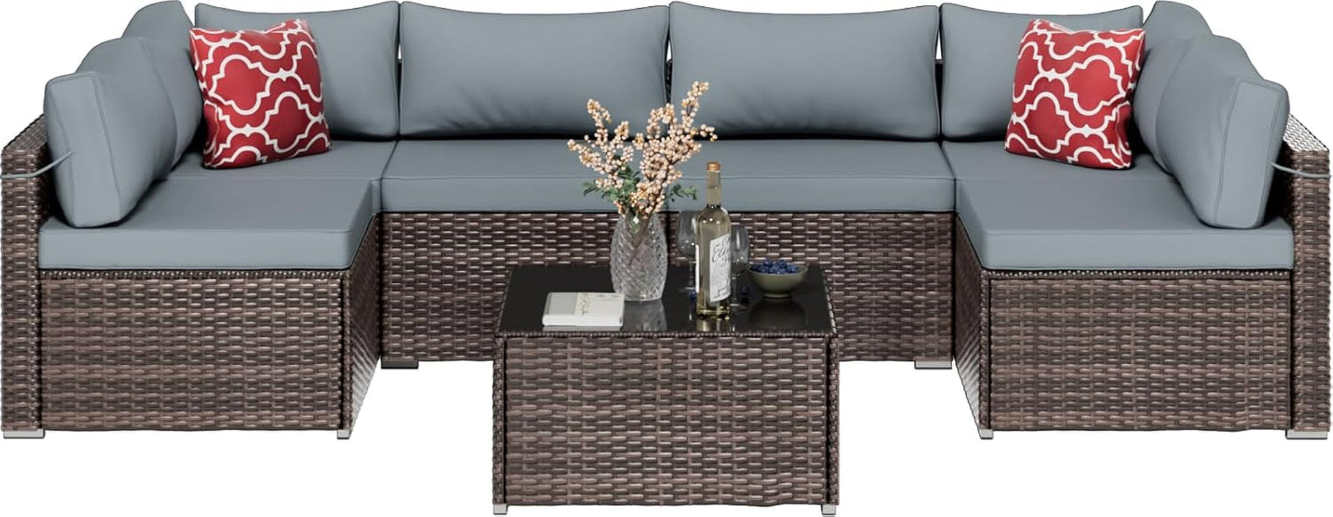 Brown PE Rattan 7-Piece Patio Furniture Sofa Set-0