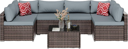 Brown PE Rattan 7-Piece Patio Furniture Sofa Set-0