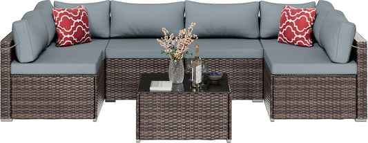 Brown PE Rattan 7-Piece Patio Furniture Sofa Set-0