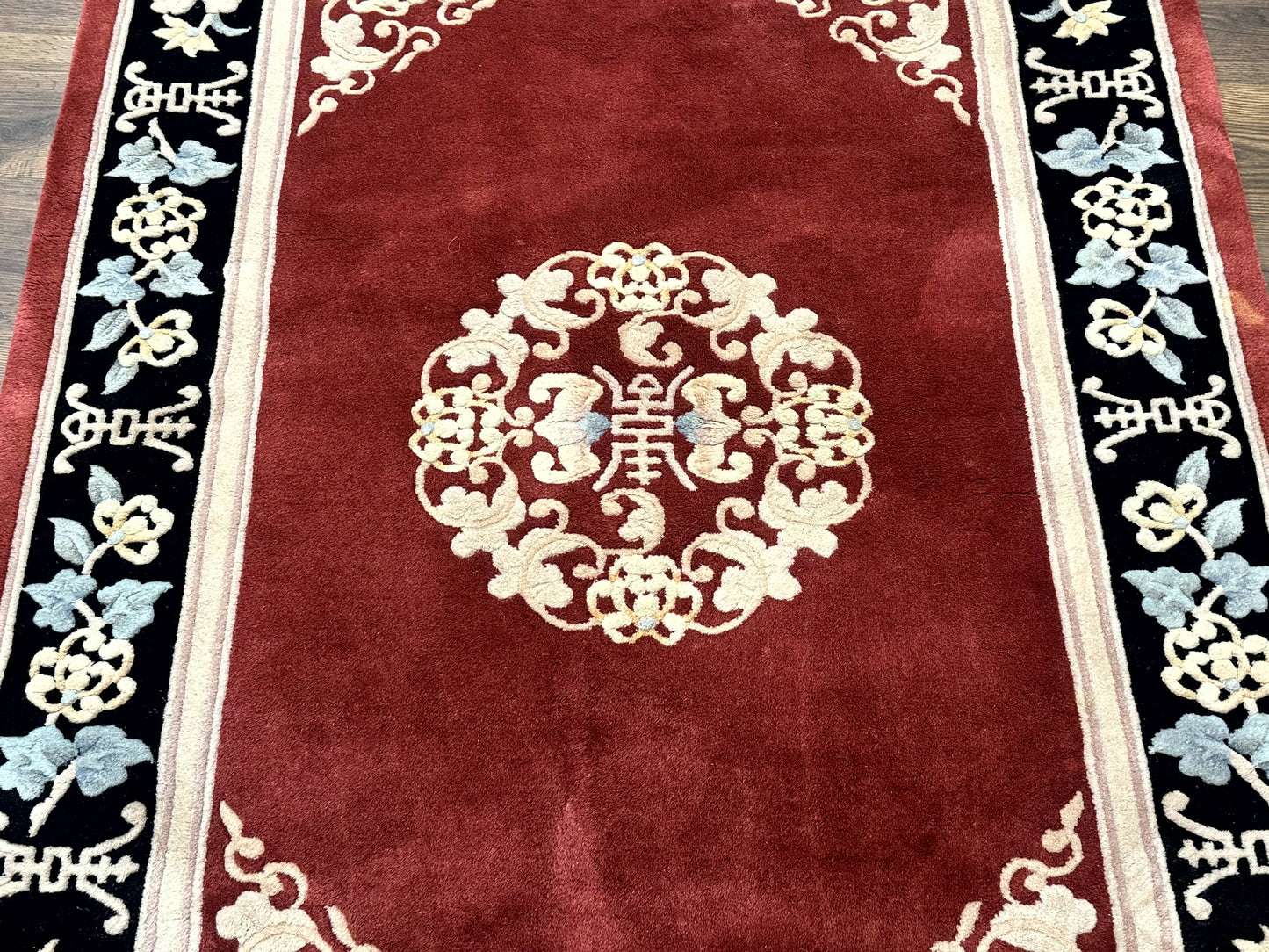 Dark Red Chinese Wool Rug 4x6, Chinese 90 Line Rug, Carving Rug, Handmade, Pair B