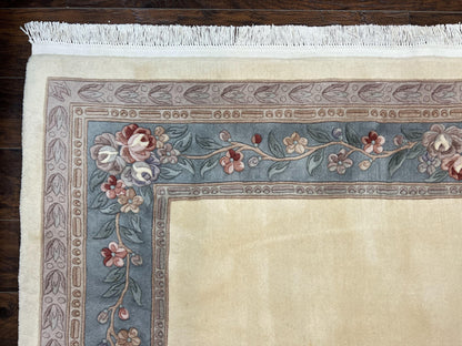 Chinese Carving Rug 8x10, Chinese Wool Carpet 8 x 10, Cream, 120 Line Rug, Vintage Handmade Art Deco Asian Oriental Rug, Aubusson Rug-4