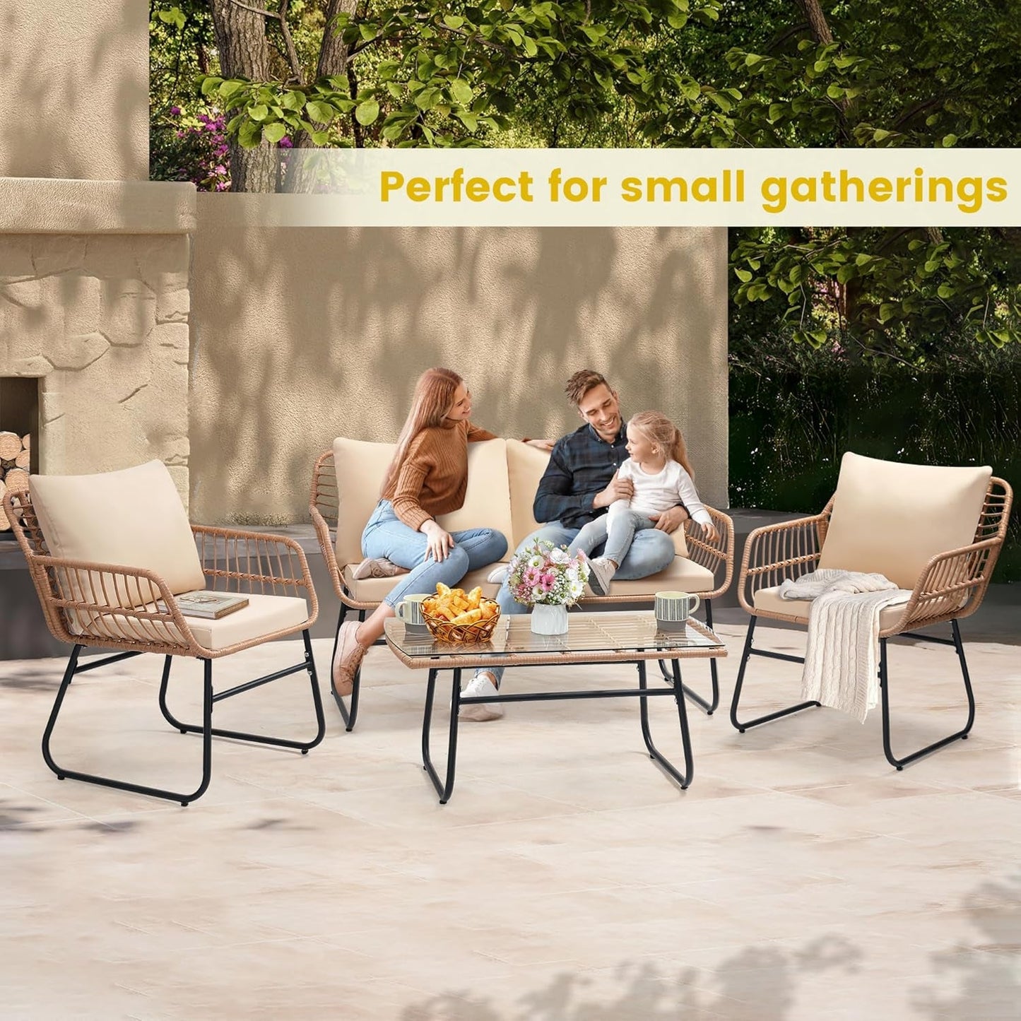 Four Piece Outdoor Wicker Sofa Rattan Chairs Set