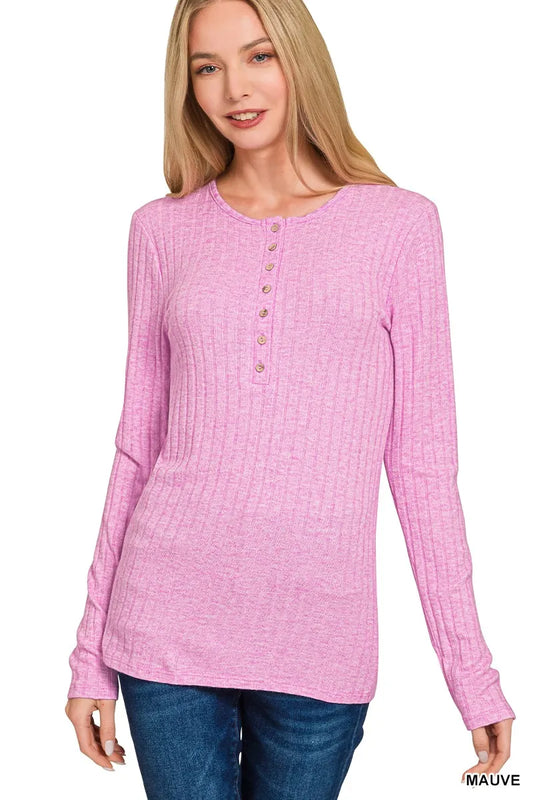 Zenana Ribbed Long Sleeve Half Button Top-0