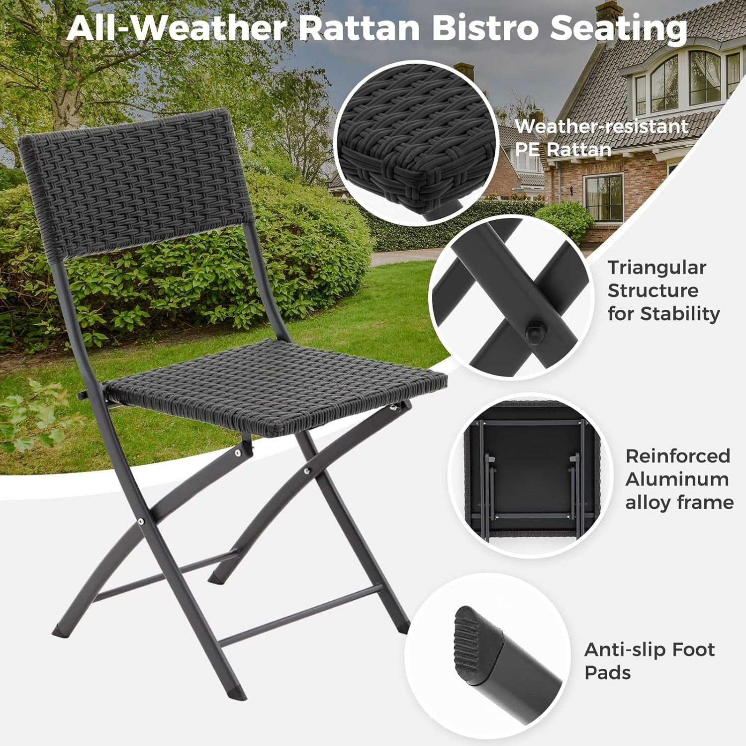 Rattan Patio Bistro Set, 3 Piece Foldable Outdoor Patio Furniture Sets, with Folding Table and Two Chairs, for Garden, Backyard, Pool, Lawn, Porch, Balcony, All Weather Rattan Style (Black)-2