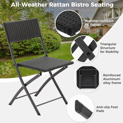 Rattan Patio Bistro Set, 3 Piece Foldable Outdoor Patio Furniture Sets, with Folding Table and Two Chairs, for Garden, Backyard, Pool, Lawn, Porch, Balcony, All Weather Rattan Style (Black)-2