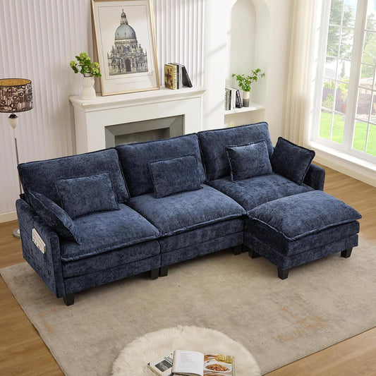 Elegant Blue Modular Sectional Sofa With Movable Ottoman-0