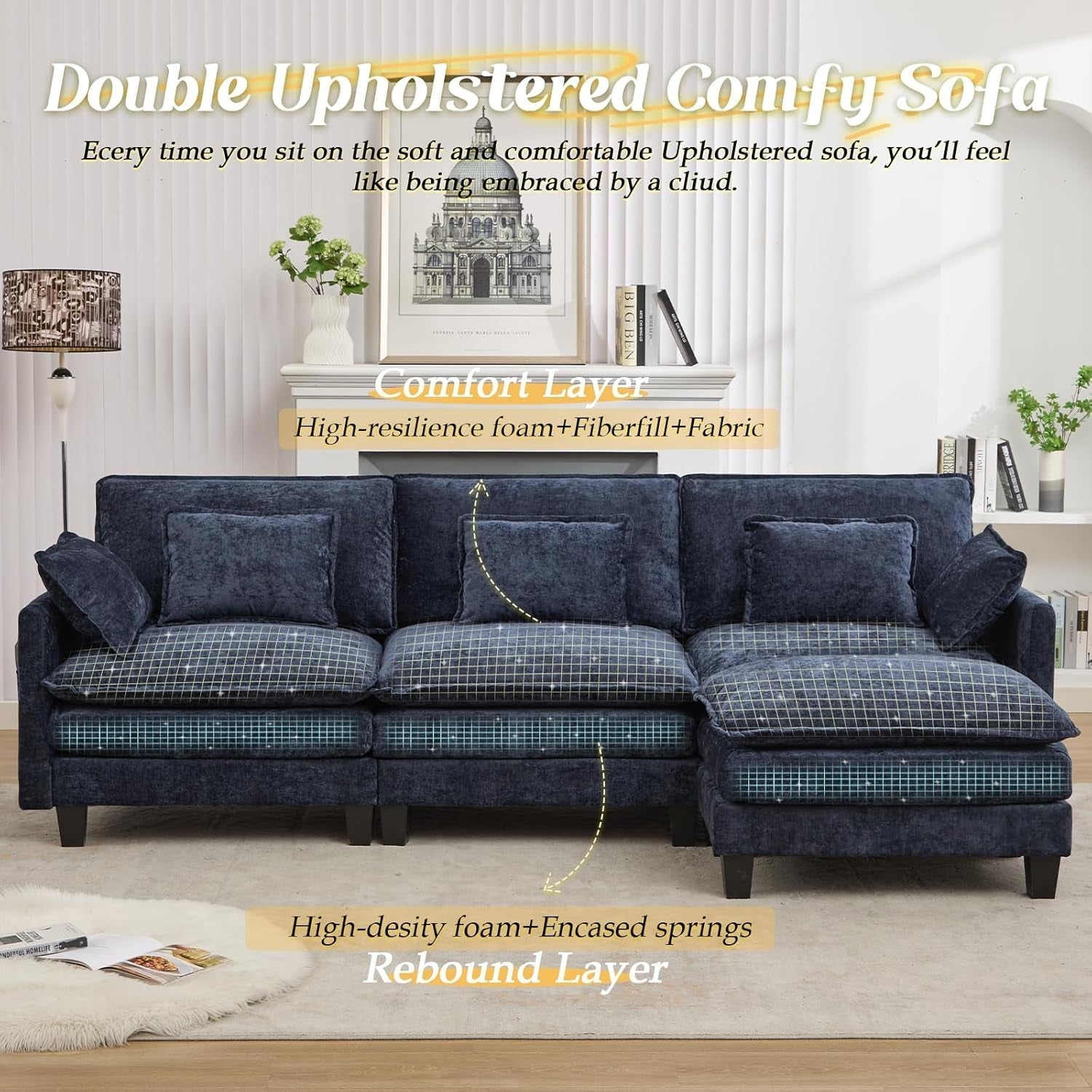 Elegant Blue Modular Sectional Sofa With Movable Ottoman-2