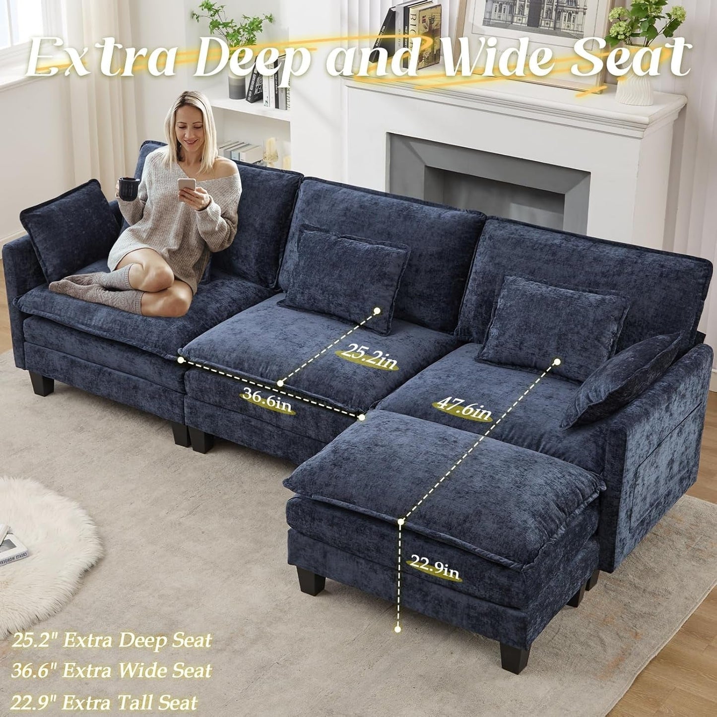 Elegant Blue Modular Sectional Sofa With Movable Ottoman-4