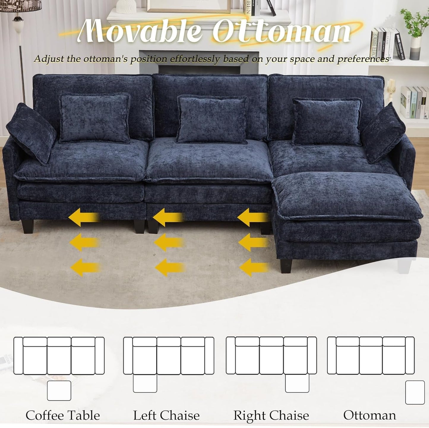 Elegant Blue Modular Sectional Sofa With Movable Ottoman-3