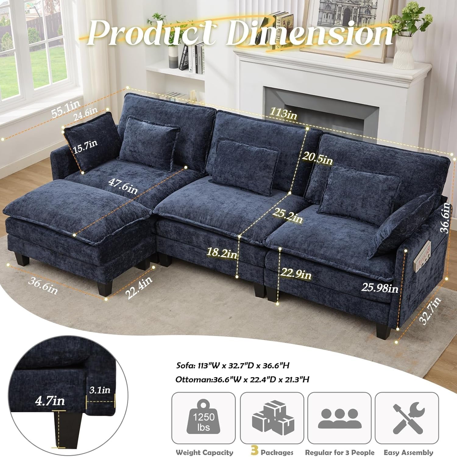 Elegant Blue Modular Sectional Sofa With Movable Ottoman-1