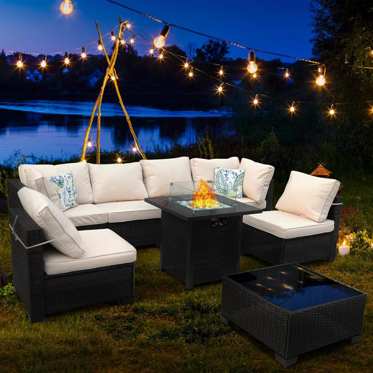 8 Piece Wicker Patio Furniture Set with Fire Pit-0