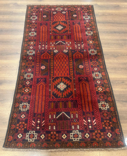 Afghan Rug 3x7, Balouch Carpet, Tribal Rug, Red, New