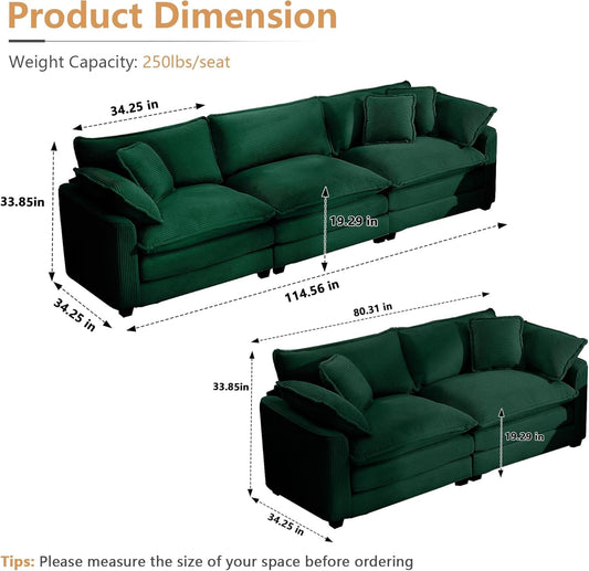 Oversized 2 Piece Sofa Set for Living Room, 3-Seater & Loveseat Couch, Modular Sectional Deep Seat Corduroy Comfy Cloud Couches with 4 Armrest Pillows and 5 Toss Pillows, Green
