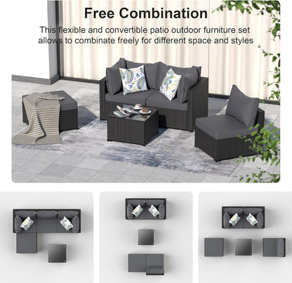 Patio Furniture Set Outdoor Sectional Sofa with Ottoman Wicker Couch Rattan Patio Modular Seating 5 Pieces Conversation Sets Front Porch Decor for Backyard, Balcony, Garden, Deck (Grey)-1