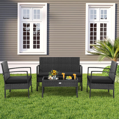 4 Piece Patio Rattan Conversation Set, Outdoor Wicker Furniture Set W/Glass Coffee Table, Solid Steel Structure, Ergonomic Seat, Suitable for Garden, Courtyard, Balcony, Poolside-2