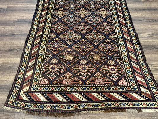 Antique Persian Wide Runner Rug 4x9, Kurdish Rug, Panel Design, Rainbow Border, Rare Tribal Rug