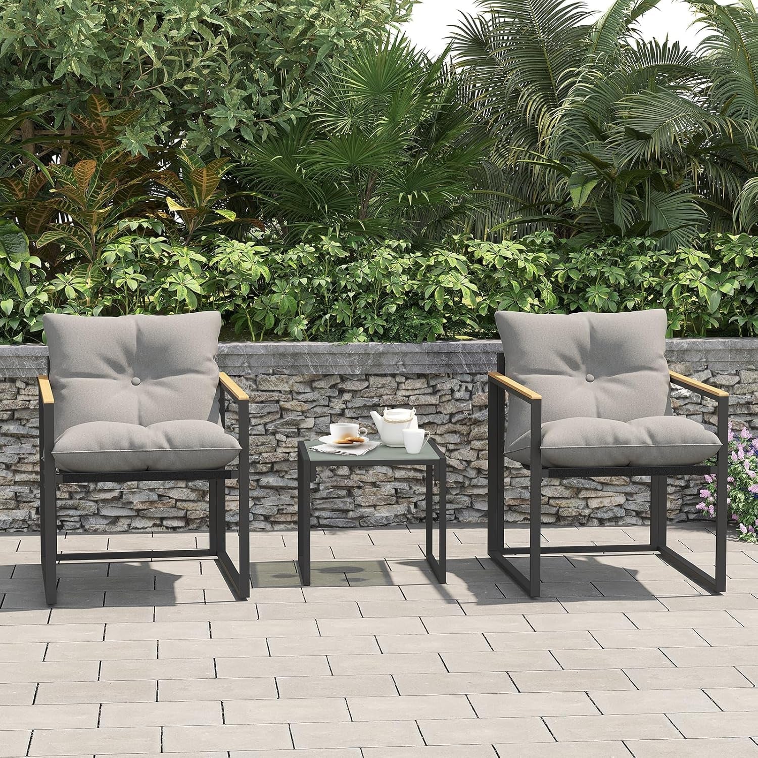 Patio Outdoor Furniture 3 Pcs Bistro/Converstation Set with 2 Chairs and 1 Coffee Table, Together with Cushions&Backrest, for Patio, Indoor, Garden, Balcony, Poolside, Bistro-2