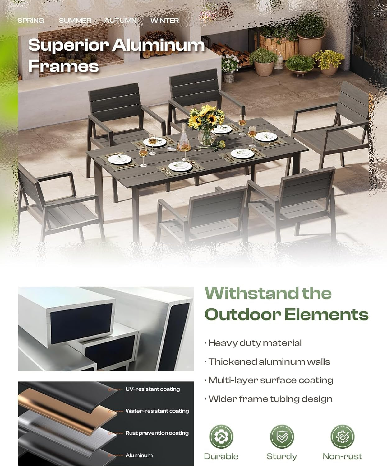 Outdoor Patio Dining Table Sets 7-Piece Aluminum and HDPS All-Weather Table and Chairs with Umbrella Hole, Patio Modern Furniture Sets for Garden, Backyard, Lawn, and Poolside, Charcoal-3