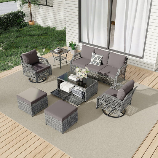 7 Piece Wicker Patio Furniture Set with Storage Coffee Table