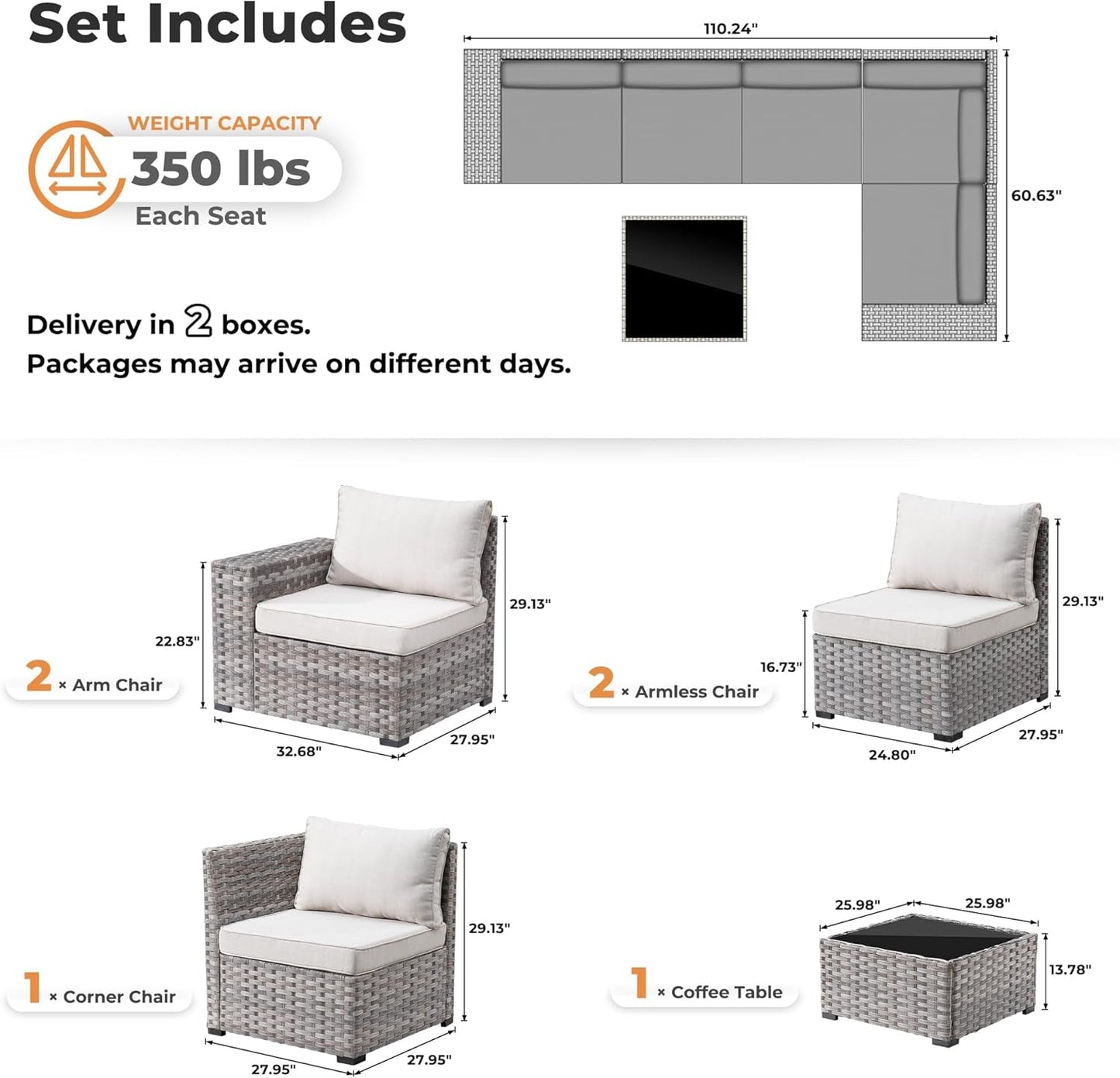 6 Pieces Patio Furniture Set Outdoor Sectional Sofa Couch with Comfy Cushions and Deep Seat, Modern Modular Wicker Rattan Conversation Set, Beige-1