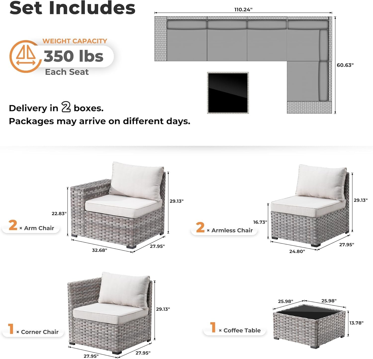 6 Pieces Patio Furniture Set Outdoor Sectional Sofa Couch with Comfy Cushions and Deep Seat, Modern Modular Wicker Rattan Conversation Set, Beige-1