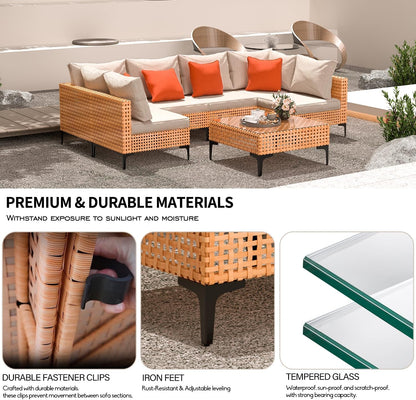 5 Piece Outdoor Patio Furniture Set Modular Outdoor Furniture Set Wicker Outdoor Sectional Sofa with Cushions Table Patio Set for Balcony Porch Deck Yard (Salmon&Orange Wicker, Sand Cushion)