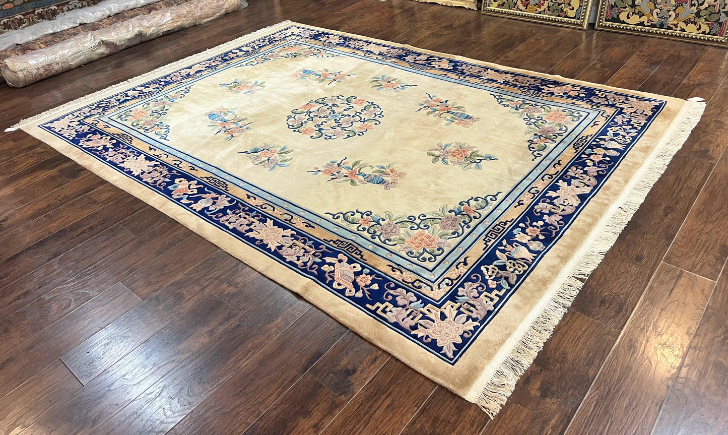 Chinese Wool Rug 8x11, Peking Asian Oriental Carpet, Cream/Ivory and Blue, Vintage Handmade Rug, Art Deco Rug-1
