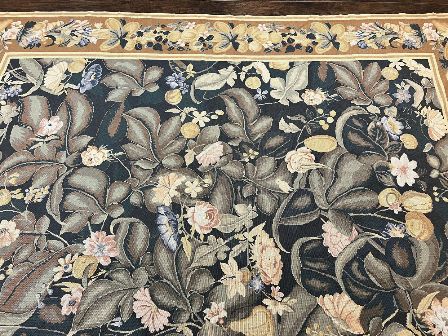 Large Needlepoint Rug 9x13, Handmade Wool Flatweave Vintage Rug, Leaves, Green-2