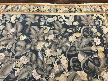 Large Needlepoint Rug 9x13, Handmade Wool Flatweave Vintage Rug, Leaves, Green-2