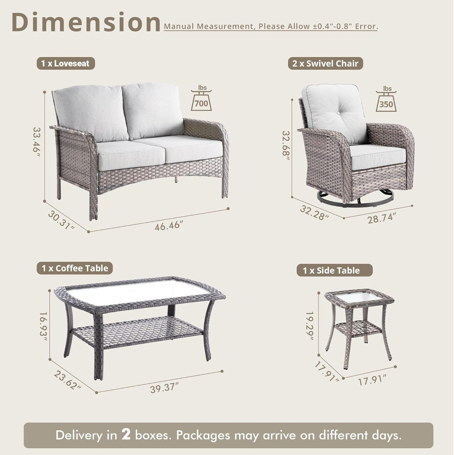 icker Patio Furniture Set with Swivel Rocker Chairs Outdoor Loveseat Sofa and Rattan Coffee Table, 5 Pieces Outdoor Conversation Sets for Patio Porch Deck Backyard Poolside, Light Gray-1
