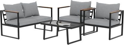 Courtyard Patio Furniture Set, 4-Piece Outdoor Patio Set with Sofa, Removable & Washable Deep Seating Cushion, Tempered Glass Table, outside Patio Conversation Sets, Black & Grey-0
