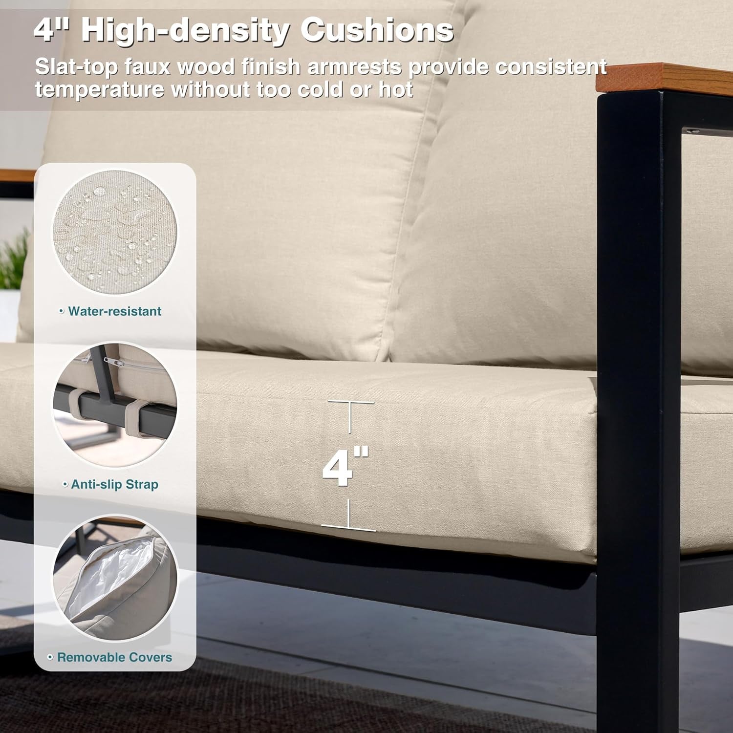 Patio Furniture Set, 4 Pieces Outdoor Patio Furniture with Coffee Table Set, Metal Patio Conversation Sets with Washable and High-Resiliency Sponge Cushions, Upgarded Beige-3