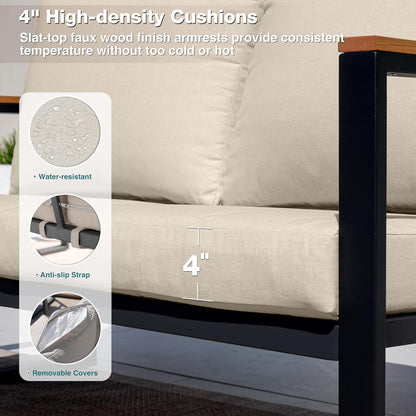 Patio Furniture Set, 4 Pieces Outdoor Patio Furniture with Coffee Table Set, Metal Patio Conversation Sets with Washable and High-Resiliency Sponge Cushions, Upgarded Beige-3