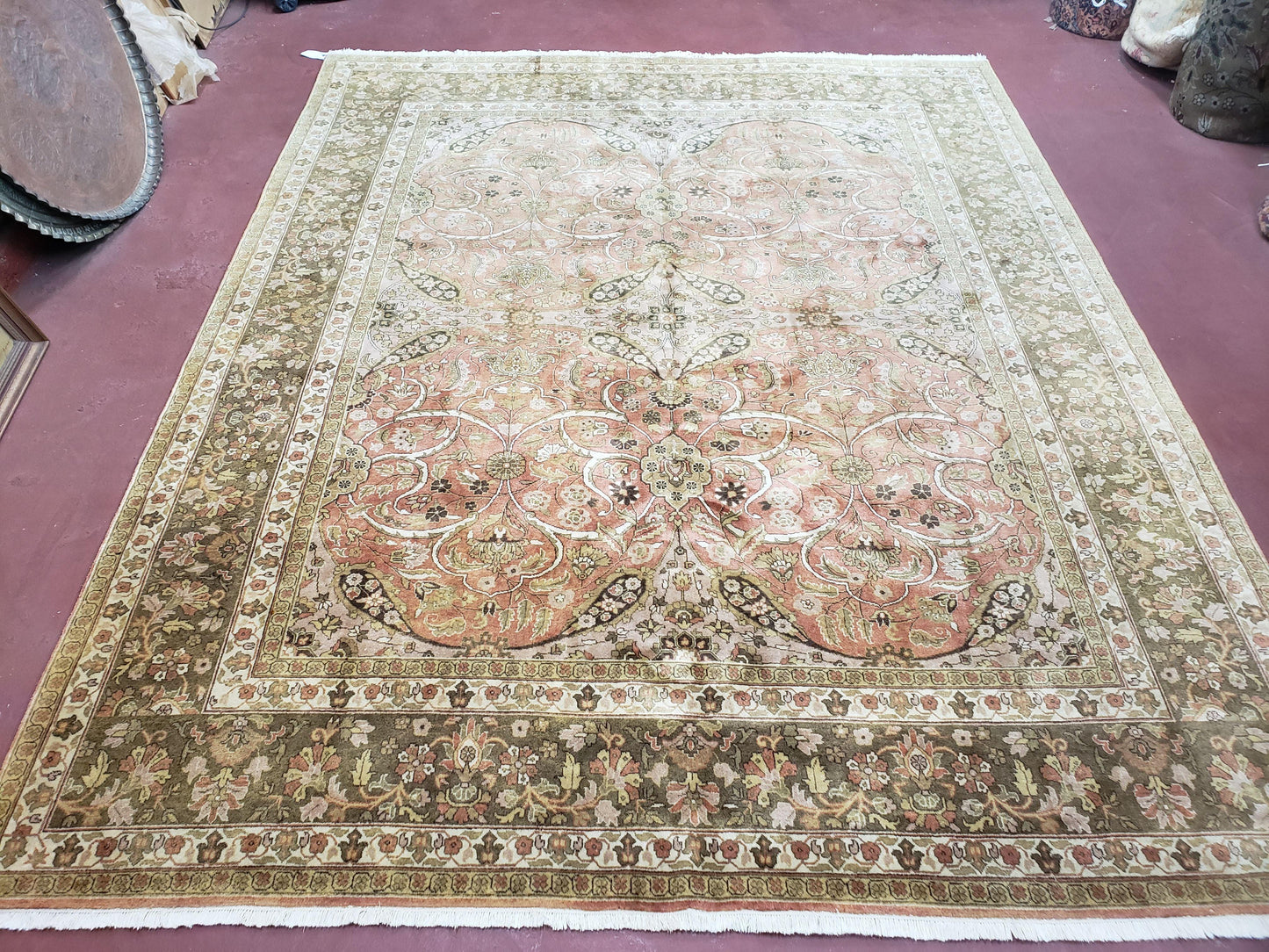 Indo Persian Rug 8x10, Vintage Indian Rug 8 x 10, Fine Hand-Knotted Wool Rug, Rose Clay Red Beige Brown Handmade Area Rug, Floral Medallion-0