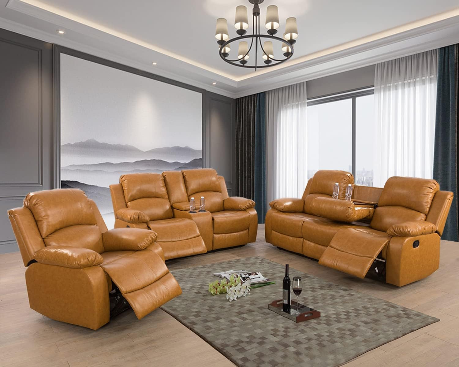 Manual Recliner Sofa Set, Bonded Leather Sofa Set Living Room Furniture, Reclining Sofa Set Leather Recliner Couch with Cup Holder/Storage Console for Living Room (3 Pieces Couch Set,Ginger)-0